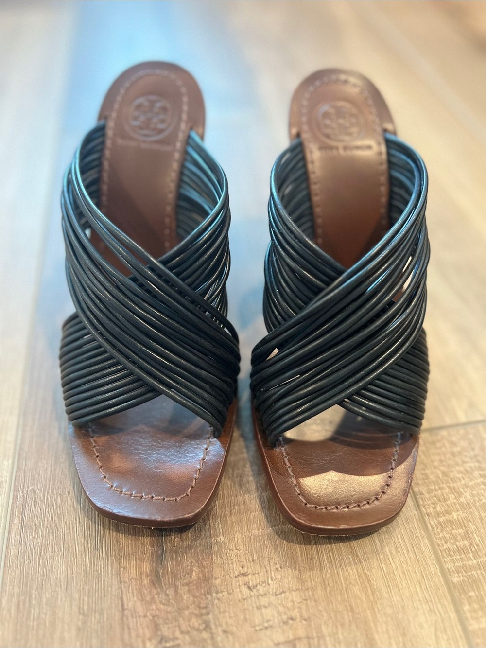 Tory Burch Black Multi-Strap Leather Slide Mules 6.5